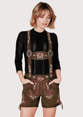 Comfortable and stylish women’s lederhosen featuring hand-stitched floral embroidery, perfect for casual outings or cultural festivals.