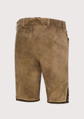 Brown leather lederhosen for women with decorative stitching, perfect for Oktoberfest and celebrations.