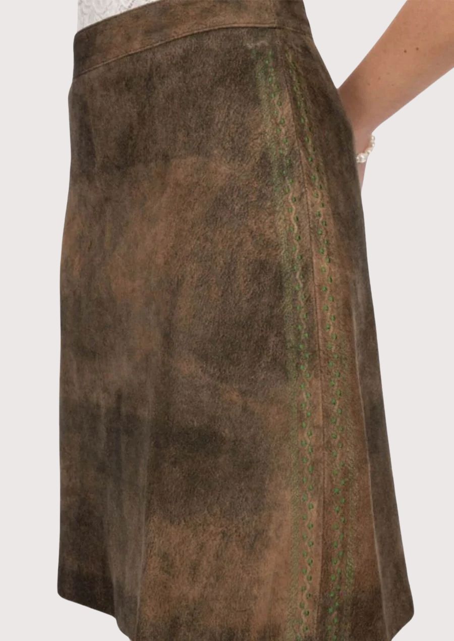 Women's leather skirt with intricate detailing, perfect for Oktoberfest or special occasions.