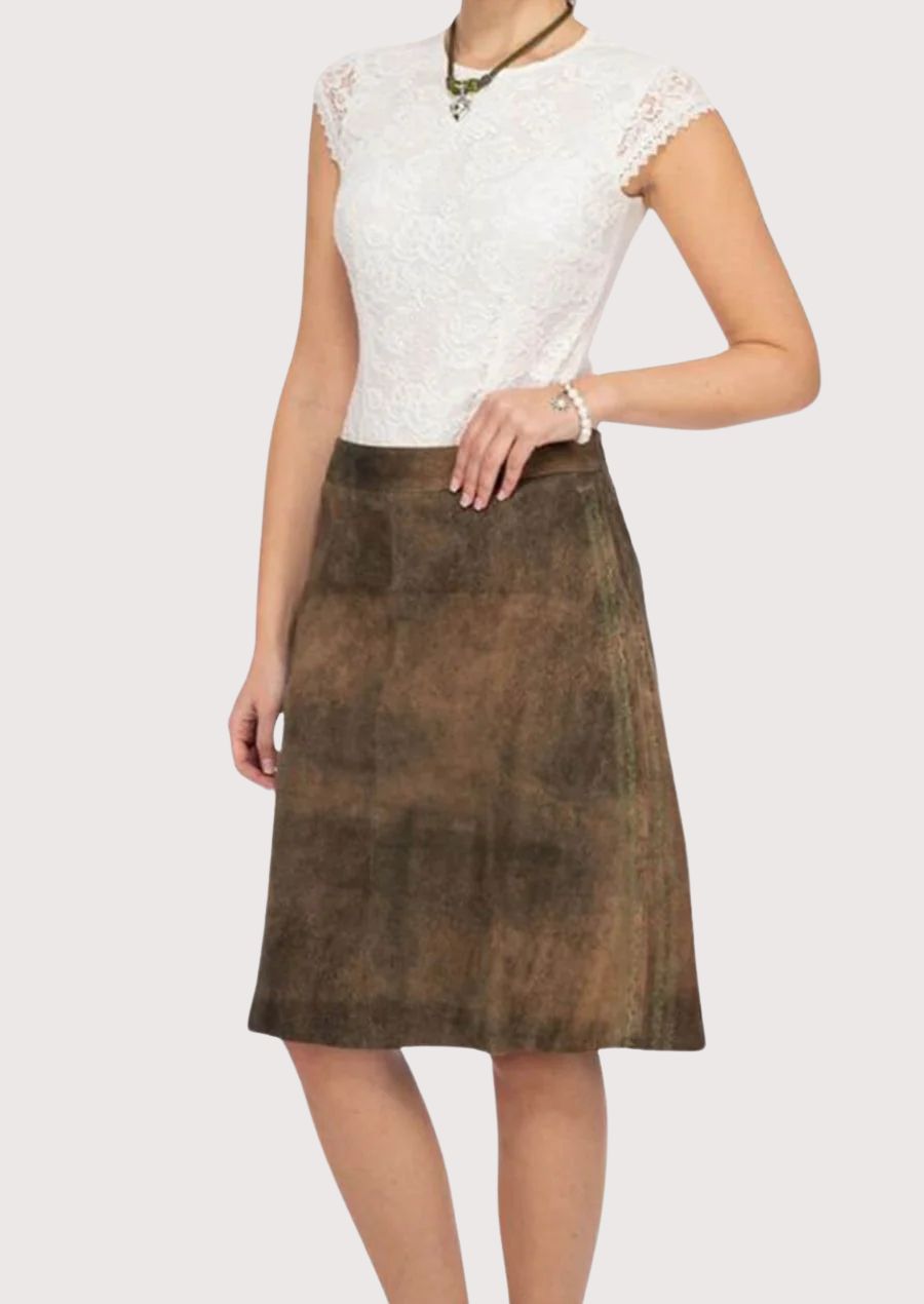 Classic brown leather lederhosen skirt for women, ideal for cultural celebrations and festivals.