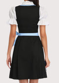 Elegant Oktoberfest dress with a black embroidered skirt, decorative lace-up front, light blue apron, and white puff sleeve blouse.