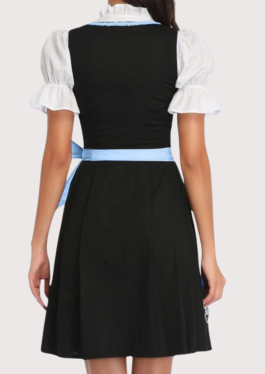 Elegant Oktoberfest dress with a black embroidered skirt, decorative lace-up front, light blue apron, and white puff sleeve blouse.