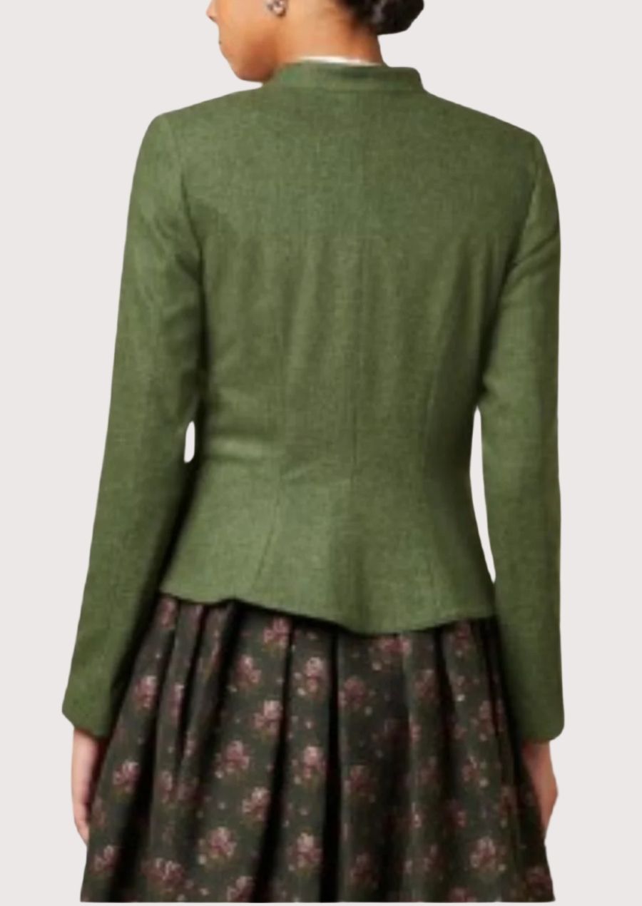 Elegant olive alpine jacket for women with long sleeves and refined heritage design.
