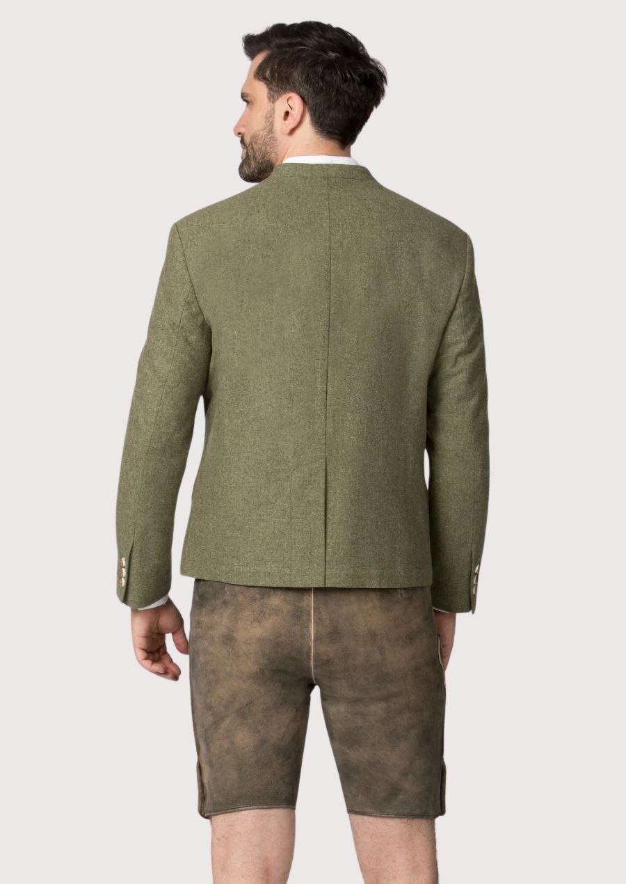 Elegant olive green Oktoberfest jacket with stand collar.