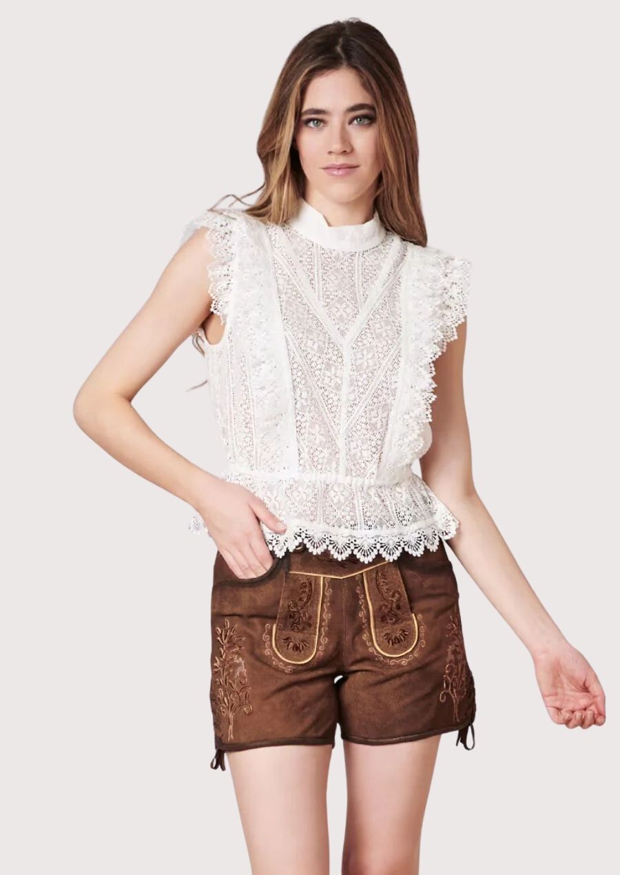 Elegant Women’s Lederhosen – Premium Leather with Floral Embroidery for Oktoberfest and Cultural Events