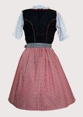 Premium black Oktoberfest Dirndl dress with colorful floral embroidery, decorative bodice chains, checkered apron, and classic Bavarian craftsmanship.