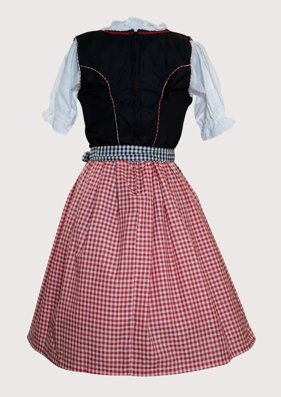 Premium black Oktoberfest Dirndl dress with colorful floral embroidery, decorative bodice chains, checkered apron, and classic Bavarian craftsmanship.