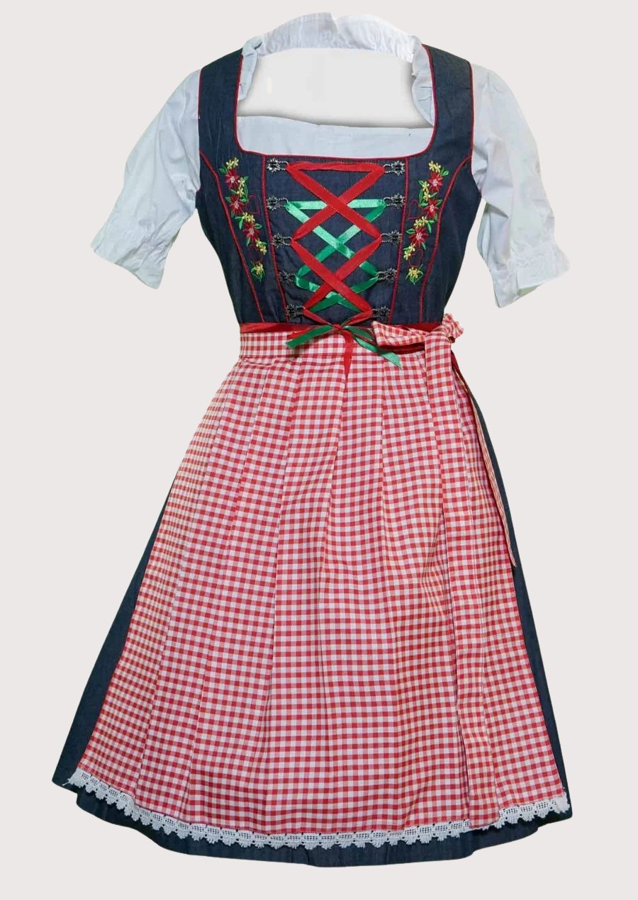 Women's navy blue embroidered Dirndl dress with red gingham apron, floral embroidered bodice, ribbon lace-up corset, white puff sleeve blouse, traditional Bavarian Oktoberfest outfit, authentic German Alpine clothing.