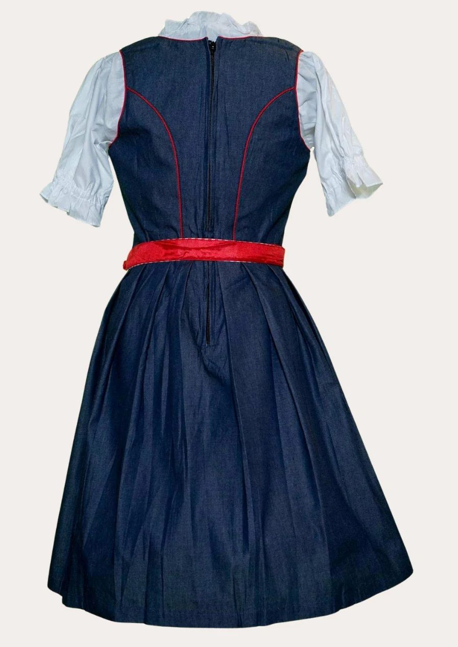 Embroidered German festival Dirndl featuring colorful floral embroidery, navy bodice, green and red corset lacing, checkered apron, and classic Oktoberfest fashion.