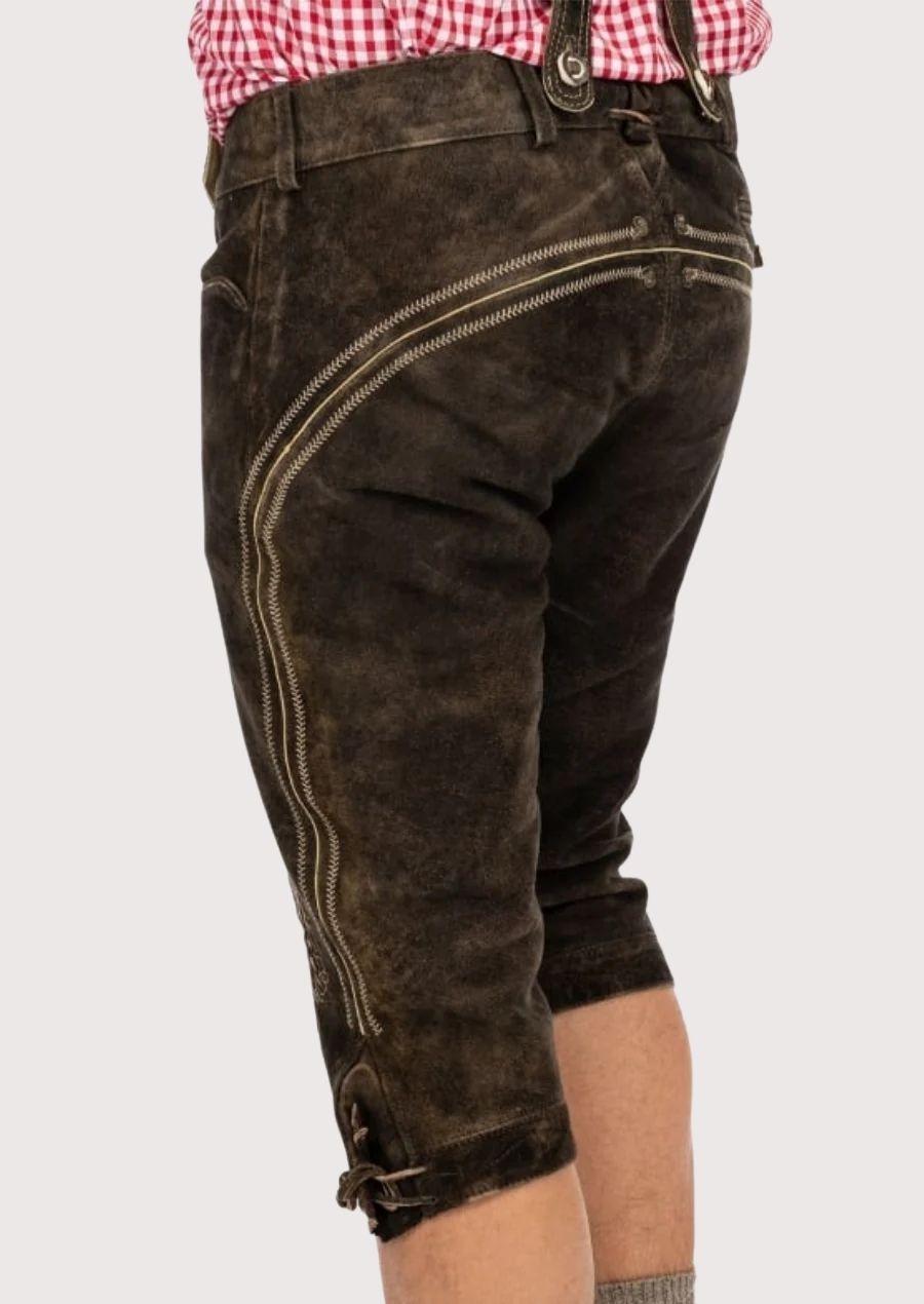 Espresso brown Bundhosen with Alpine embroidery, leather braces, and authentic German folkwear craftsmanship