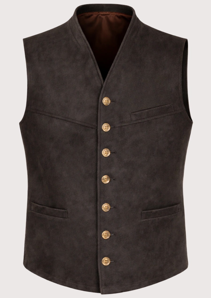 Espresso Suede Alpine Vest for men with V-neck, metal buttons, checkered shirt, traditional Bavarian waistcoat, Oktoberfest leather clothing.