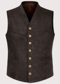 Espresso Suede Alpine Vest for men with V-neck, metal buttons, checkered shirt, traditional Bavarian waistcoat, Oktoberfest leather clothing.