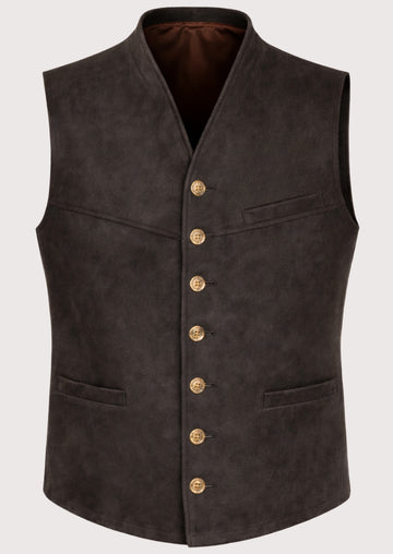 Espresso Suede Alpine Vest for men with V-neck, metal buttons, checkered shirt, traditional Bavarian waistcoat, Oktoberfest leather clothing.