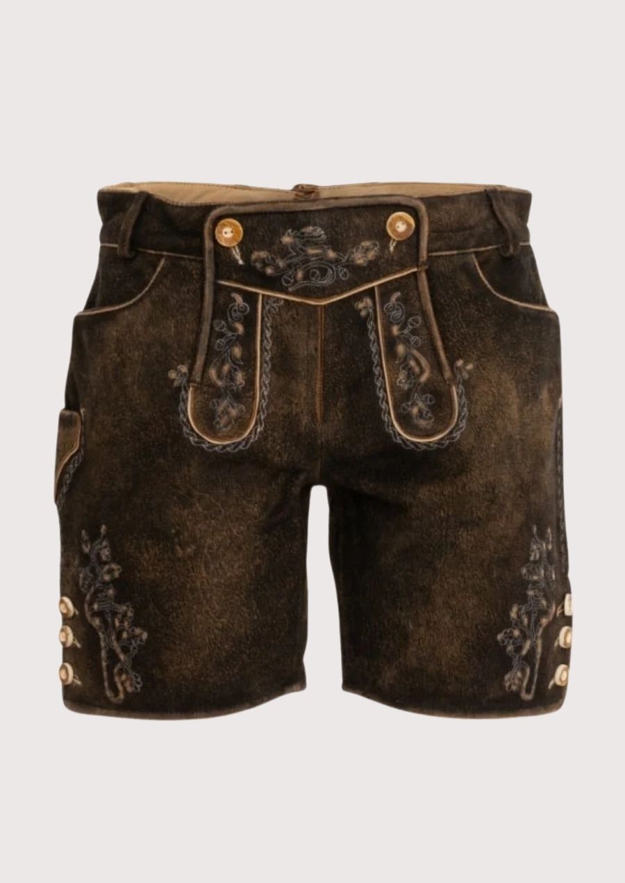 Women's espresso suede lederhosen shorts with tonal embroidery, vintage leather texture, and Bavarian heritage styling.