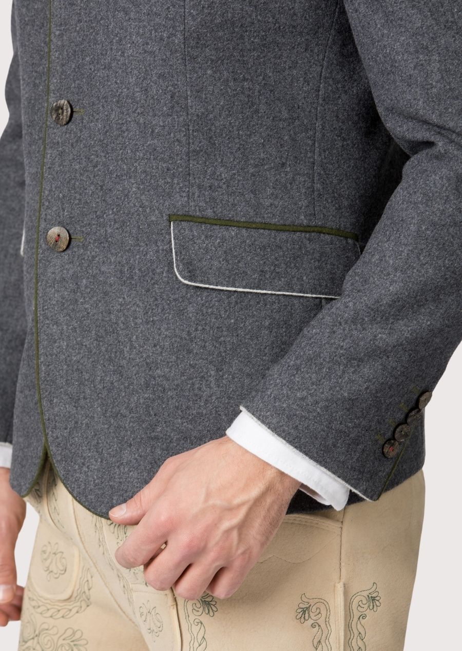 Festive Oktoberfest jacket in grey with green accents, crafted for a classic German heritage look.