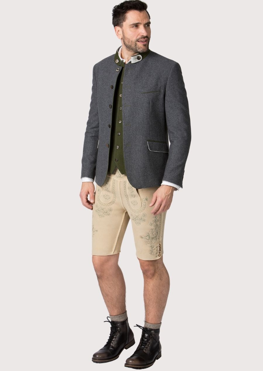 Authentic German Oktoberfest jacket with horn buttons and green piping, perfect for Oktoberfest and other cultural celebrations.