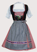 Festive long dirndl dress for women with vibrant gingham skirt and embroidered bodice, ideal for Oktoberfest celebrations.