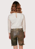 Floral Oktoberfest lederhosen for women crafted from premium brown suede with colorful embroidery and traditional Alpine accents.