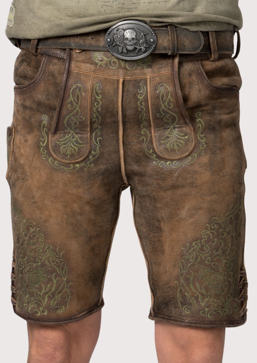 forest oak suede lederhosen shorts with detailed olive embroidery and premium leather texture
