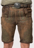 forest oak suede lederhosen shorts with detailed olive embroidery and premium leather texture