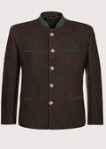Men's Forest Trim Bavarian Wool Jacket with green trim, stand collar, decorative metal buttons, premium wool blend fabric, traditional Bavarian tailoring, Alpine heritage styling, German formal wear, and Oktoberfest fashion