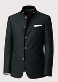 Formal Trachten Blazer with burgundy collar trim, stand collar, decorative buttons, Bavarian traditional jacket, Alpine formalwear, Oktoberfest clothing, German heritage fashion, luxury Trachten blazer, and classic Austrian menswear