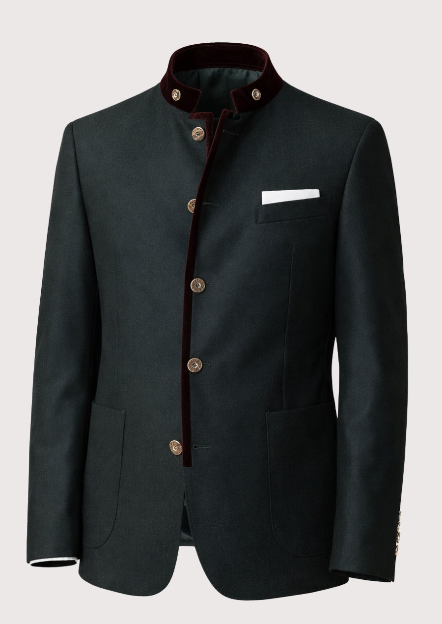 Formal Trachten Blazer with burgundy collar trim, stand collar, decorative buttons, Bavarian traditional jacket, Alpine formalwear, Oktoberfest clothing, German heritage fashion, luxury Trachten blazer, and classic Austrian menswear