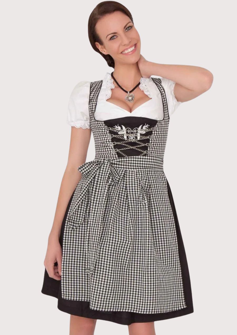 Black and white gingham Dirndl dress for women with embroidered bodice, lace-up corset, checkered apron, white puff sleeve blouse, traditional Bavarian Oktoberfest outfit, authentic German Alpine clothing.