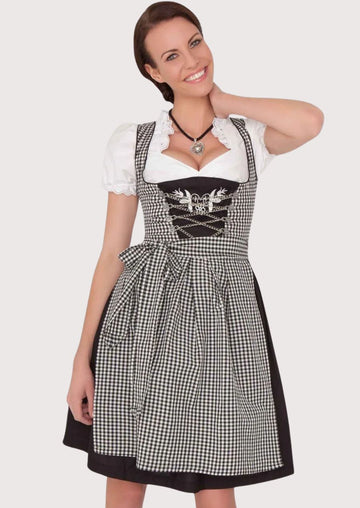 Black and white gingham Dirndl dress for women with embroidered bodice, lace-up corset, checkered apron, white puff sleeve blouse, traditional Bavarian Oktoberfest outfit, authentic German Alpine clothing.