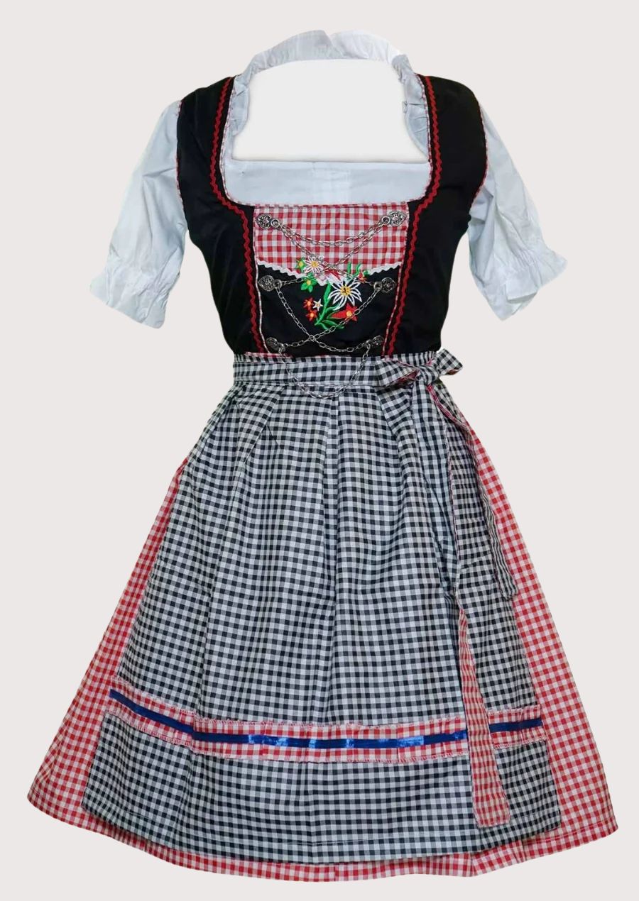 Black embroidered Dirndl dress for women with black and white gingham apron, red gingham accents, floral embroidery, white puff sleeve blouse, traditional Bavarian Oktoberfest outfit, authentic German Alpine clothing.