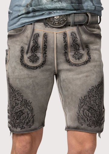 glacier oak suede lederhosen shorts with black embroidery, decorative buckle and premium suede finish