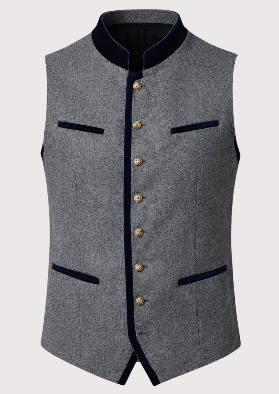 Gray Alpine Wool Vest Dual Pockets with navy trim, Bavarian waistcoat, German traditional vest, Alpine Oktoberfest clothing, premium men's Trachten vest, stand collar waistcoat.