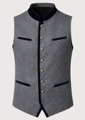 Gray Alpine Wool Vest Dual Pockets with navy trim, Bavarian waistcoat, German traditional vest, Alpine Oktoberfest clothing, premium men's Trachten vest, stand collar waistcoat.