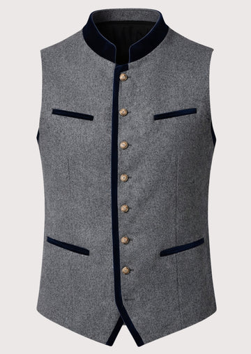 Gray Alpine Wool Vest Dual Pockets with navy trim, Bavarian waistcoat, German traditional vest, Alpine Oktoberfest clothing, premium men's Trachten vest, stand collar waistcoat.