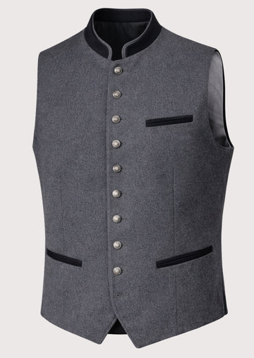 Gray Bavarian Wool Vest Black Trim with black trim, silver buttons, premium wool Bavarian waistcoat, Oktoberfest clothing, traditional German Alpine fashion.
