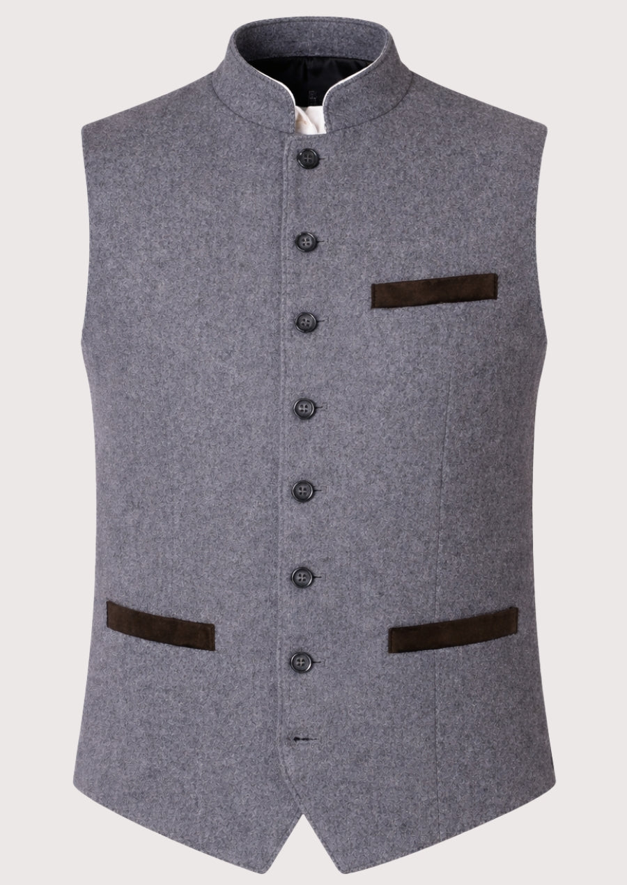 Gray Bavarian Wool Vest Brown Trim with brown contrast trim, stand collar, premium wool waistcoat, Bavarian Oktoberfest clothing, traditional German Alpine fashion.