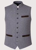 Gray Bavarian Wool Vest Brown Trim with brown contrast trim, stand collar, premium wool waistcoat, Bavarian Oktoberfest clothing, traditional German Alpine fashion.