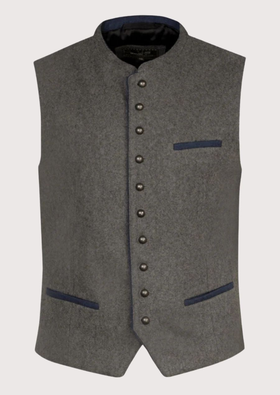 Gray Bavarian Wool Vest Navy Trim, premium Bavarian waistcoat, stand collar, traditional Oktoberfest clothing, authentic German Alpine fashion.