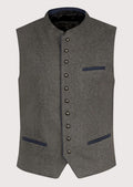 Gray Bavarian Wool Vest Navy Trim, premium Bavarian waistcoat, stand collar, traditional Oktoberfest clothing, authentic German Alpine fashion.