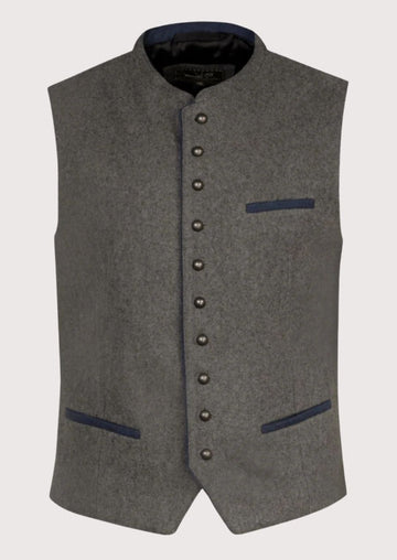 Gray Bavarian Wool Vest Navy Trim, premium Bavarian waistcoat, stand collar, traditional Oktoberfest clothing, authentic German Alpine fashion.