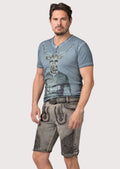 Light gray goatskin suede lederhosen featuring black gothic embroidery and traditional Bavarian styling