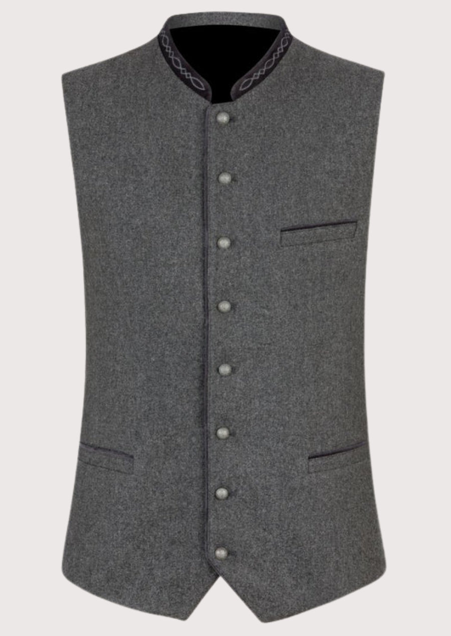 Gray Trachten vest for men with embroidered stand collar, premium Bavarian waistcoat, decorative metal buttons, white shirt, Lederhosen, traditional German Oktoberfest clothing.