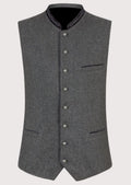Gray Trachten vest for men with embroidered stand collar, premium Bavarian waistcoat, decorative metal buttons, white shirt, Lederhosen, traditional German Oktoberfest clothing.