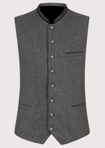 Gray Trachten vest for men with embroidered stand collar, premium Bavarian waistcoat, decorative metal buttons, white shirt, Lederhosen, traditional German Oktoberfest clothing.