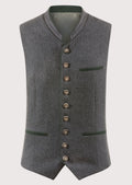 Gray Wool Trachten vest for men with green trim, embroidered stand collar, wooden buttons, premium Bavarian waistcoat, pink shirt, traditional German Oktoberfest clothing.