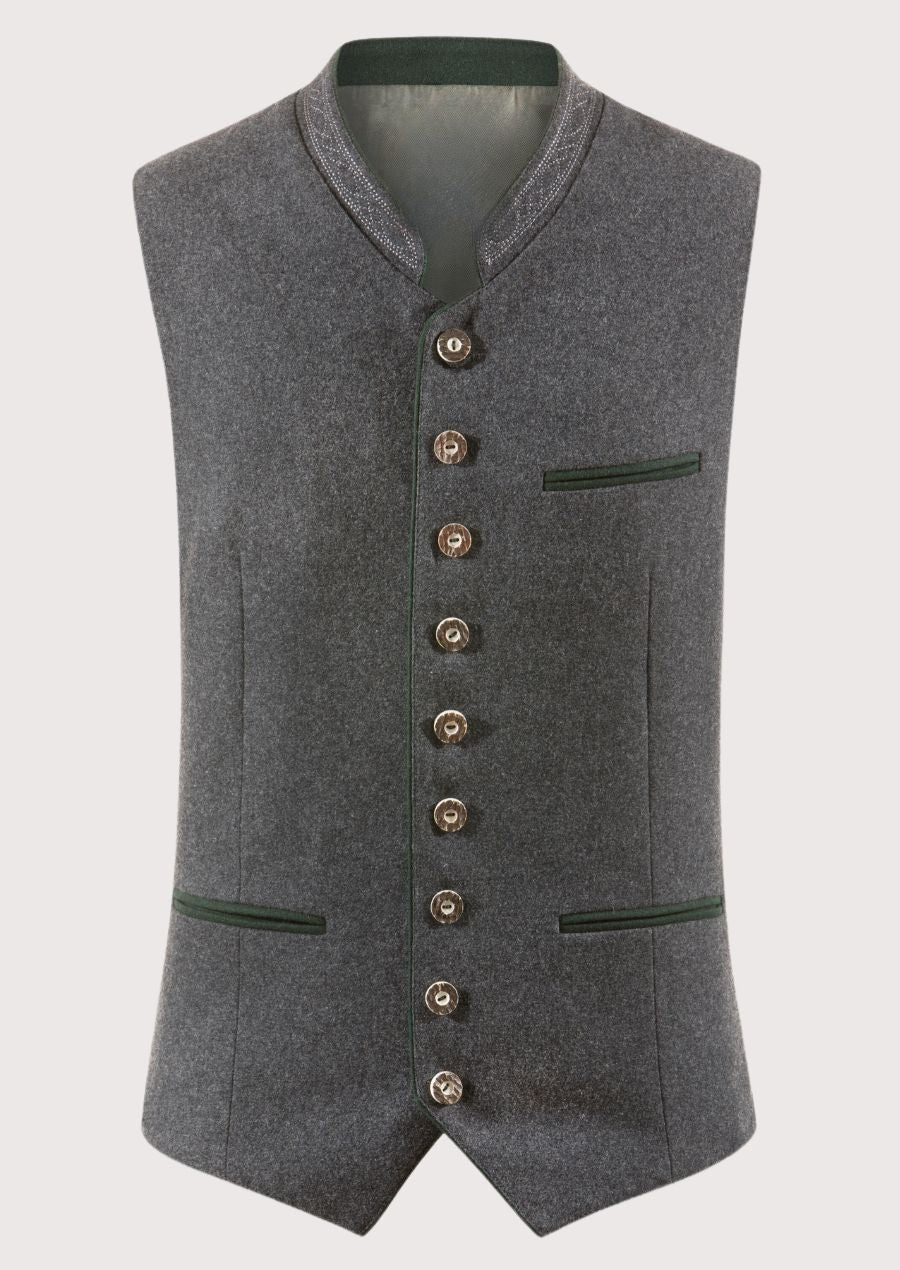 Gray Wool Trachten vest for men with green trim, embroidered stand collar, wooden buttons, premium Bavarian waistcoat, pink shirt, traditional German Oktoberfest clothing.