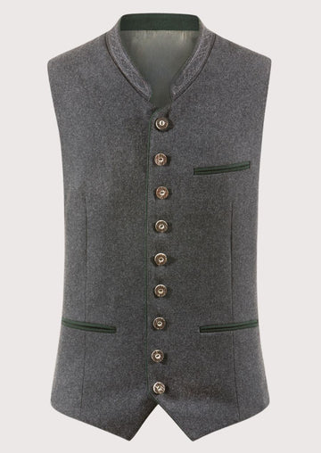 Gray Wool Trachten vest for men with green trim, embroidered stand collar, wooden buttons, premium Bavarian waistcoat, pink shirt, traditional German Oktoberfest clothing.