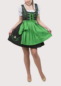 Green and black Dirndl dress for women featuring a bright green apron, embroidered bodice, white puff sleeve blouse, and authentic Bavarian Oktoberfest styling.