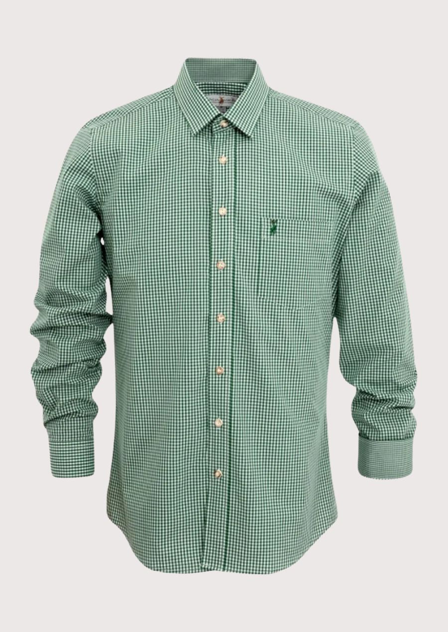 Green check bavarian cotton shirt for men, premium cotton Bavarian shirt, green Oktoberfest check shirt, German traditional clothing, Alpine festival shirt, classic green plaid men's shirt.