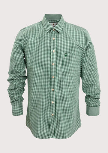 Green check bavarian cotton shirt for men, premium cotton Bavarian shirt, green Oktoberfest check shirt, German traditional clothing, Alpine festival shirt, classic green plaid men's shirt.